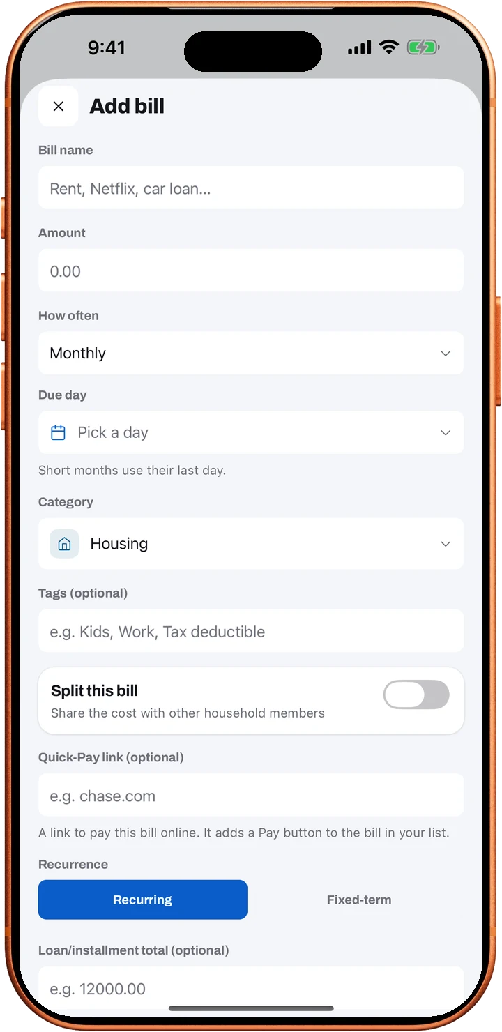 Loulen's Add bill screen with bill name, amount, how often, due day and category fields