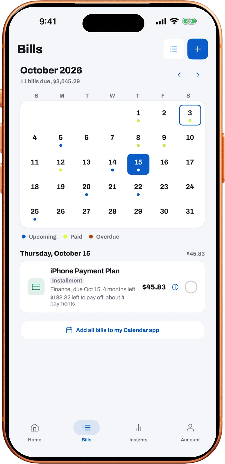 Loulen's Bills calendar for October with paid, upcoming and overdue dots and the selected day's bill listed below